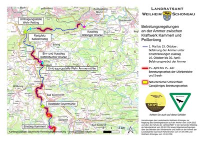 Karte der Betretungsregelungen an der Ammer mit  Ein- , Ausstiegs- und Umtragungsstellen sowie Rastplätzen