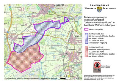 Karte der Betretungsregelung im Wiesenbrütergebiet "Loisach-Kochelsee-Moore" im Landkreis Weilheim-Schongau
