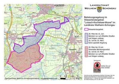 Karte der Betretungsregelung im Wiesenbrütergebiet "Loisach-Kochelsee-Moore" im Landkreis Weilheim-Schongau
