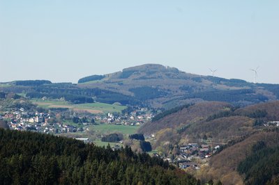 The Erresberg (698.8 m above NN) a mountain in the German hill range of the Eifel seen from the foot of the Mäuseberg (am Weinfelder Maar)