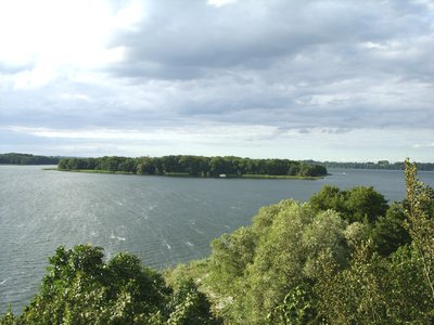 Isle Ziegelwerder in the Schweriner See, seen from Reppin Castle at south shore, Schwerin, Germany