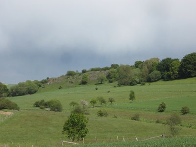 Östliche Bereich der Bergkuppe Großer Blumenstein im NSG Blumenstein mit Magerrasen. Im Bildvordergrund Teile des Landschaftsschutzgebietes Grünlandverbund Aa