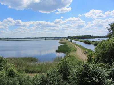 View to the Müritz-Elde-Wasserstraße and the fish ponds form the observation tower at bridge Dütschower Brücke near Neustadt-Glewe, district Ludwigslust-Parchim, Mecklenburg-Vorpommern, Germany